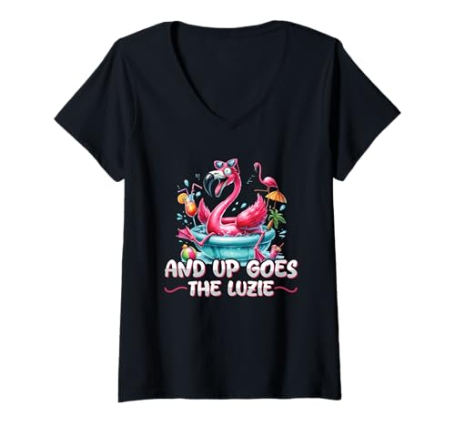 Damen and Up Goes The Luzie Flamingo Party Urlaub Feiern Spruch T-Shirt mit V-Ausschnitt Damen and Up Goes The Luzie Flamingo Party Urlaub Feiern Spruch T-Shirt mit V-Ausschnitt von Lustige Party Sprüche Kleidung