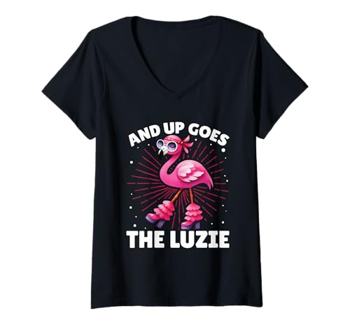 Damen and Up Goes The Luzie Flamingo Verrückt Party Feiern Cool T-Shirt mit V-Ausschnitt von Lustige Party Sprüche Kleidung