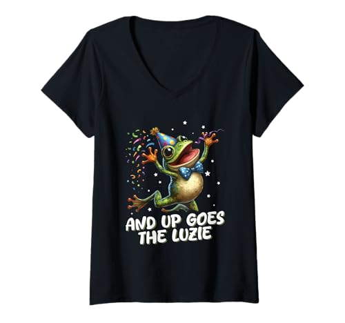 Damen and Up Goes The Luzie Frosch Party Urlaub Feiern Spruch T-Shirt mit V-Ausschnitt Damen and Up Goes The Luzie Frosch Party Urlaub Feiern Spruch T-Shirt mit V-Ausschnitt von Lustige Party Sprüche Kleidung