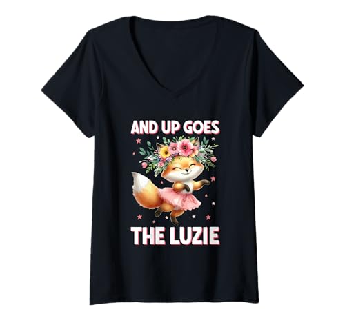 Damen and Up Goes The Luzie Fuchs Verrückt Party Feiern Tanzen T-Shirt mit V-Ausschnitt von Lustige Party Sprüche Kleidung