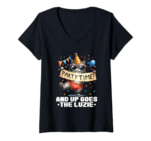 Damen and Up Goes The Luzie Katze Party Urlaub Feiern Lustig T-Shirt mit V-Ausschnitt Damen and Up Goes The Luzie Katze Party Urlaub Feiern Lustig T-Shirt mit V-Ausschnitt von Lustige Party Sprüche Kleidung