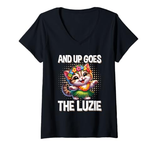 Damen and Up Goes The Luzie Katze Verrückt Party Feiern Tanzen T-Shirt mit V-Ausschnitt Damen and Up Goes The Luzie Katze Verrückt Party Feiern Tanzen T-Shirt mit V-Ausschnitt von Lustige Party Sprüche Kleidung