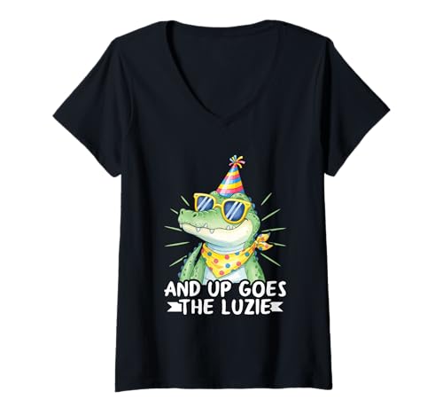Damen and Up Goes The Luzie Krokodil Party Tanzen Feiern T-Shirt mit V-Ausschnitt Damen and Up Goes The Luzie Krokodil Party Tanzen Feiern T-Shirt mit V-Ausschnitt von Lustige Party Sprüche Kleidung