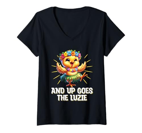 Damen and Up Goes The Luzie Kücken Verrückt Party Feiern Tanzen T-Shirt mit V-Ausschnitt Damen and Up Goes The Luzie Kücken Verrückt Party Feiern Tanzen T-Shirt mit V-Ausschnitt von Lustige Party Sprüche Kleidung