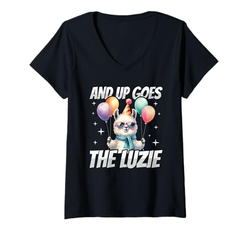 Damen and Up Goes The Luzie Lama Party Urlaub Feiern Spruch T-Shirt mit V-Ausschnitt Damen and Up Goes The Luzie Lama Party Urlaub Feiern Spruch T-Shirt mit V-Ausschnitt von Lustige Party Sprüche Kleidung