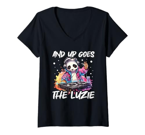 Damen and Up Goes The Luzie Panda DJ Party Feiern Spruch T-Shirt mit V-Ausschnitt Damen and Up Goes The Luzie Panda DJ Party Feiern Spruch T-Shirt mit V-Ausschnitt von Lustige Party Sprüche Kleidung