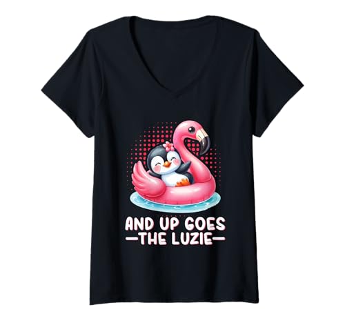 Damen and Up Goes The Luzie Pinguin Flamingo Party Tanzen Feiern T-Shirt mit V-Ausschnitt Damen and Up Goes The Luzie Pinguin Flamingo Party Tanzen Feiern T-Shirt mit V-Ausschnitt von Lustige Party Sprüche Kleidung