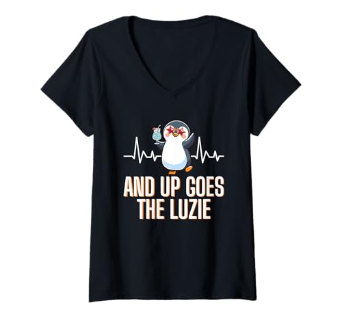 Damen and Up Goes The Luzie Pinguin Party Feiern Herzschlag T-Shirt mit V-Ausschnitt Damen and Up Goes The Luzie Pinguin Party Feiern Herzschlag T-Shirt mit V-Ausschnitt von Lustige Party Sprüche Kleidung