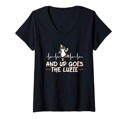 Damen and Up Goes The Luzie Pinguin Party Tanzen Feiern Herzschlag T-Shirt mit V-Ausschnitt Damen and Up Goes The Luzie Pinguin Party Tanzen Feiern Herzschlag T-Shirt mit V-Ausschnitt von Lustige Party Sprüche Kleidung
