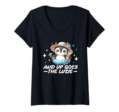 Damen and Up Goes The Luzie Pinguin Party Tanzen Urlaub Spruch T-Shirt mit V-Ausschnitt Damen and Up Goes The Luzie Pinguin Party Tanzen Urlaub Spruch T-Shirt mit V-Ausschnitt von Lustige Party Sprüche Kleidung