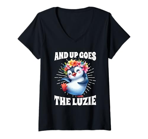 Damen and Up Goes The Luzie Pinguin Verrückt Party Feiern Tanzen T-Shirt mit V-Ausschnitt Damen and Up Goes The Luzie Pinguin Verrückt Party Feiern Tanzen T-Shirt mit V-Ausschnitt von Lustige Party Sprüche Kleidung