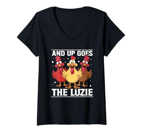 Damen and Up Goes The Luzie Verrückte Hühner Party Feiern Spruch T-Shirt mit V-Ausschnitt von Lustige Party Sprüche Kleidung