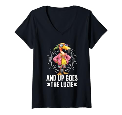 Damen and Up Goes The Luzie Vogel Verrückt Party Feiern Spruch T-Shirt mit V-Ausschnitt von Lustige Party Sprüche Kleidung