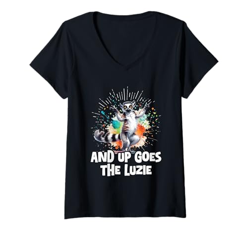 Damen and Up Goes The Luzie Waschbär Party Feiern Tanzen Spruch T-Shirt mit V-Ausschnitt Damen and Up Goes The Luzie Waschbär Party Feiern Tanzen Spruch T-Shirt mit V-Ausschnitt von Lustige Party Sprüche Kleidung