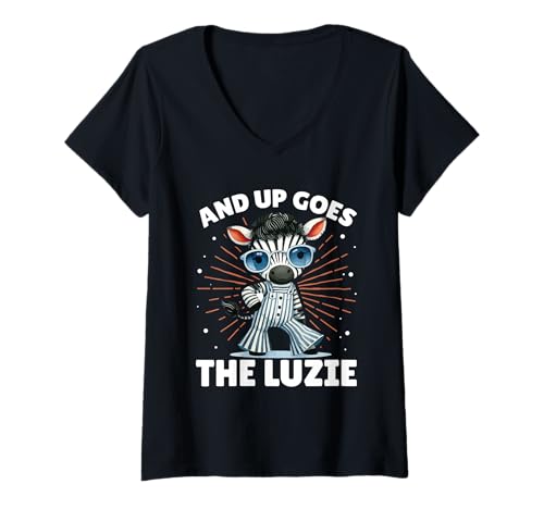 Damen and Up Goes The Luzie Zebra Verrückt Party Feiern Tanzen T-Shirt mit V-Ausschnitt von Lustige Party Sprüche Kleidung