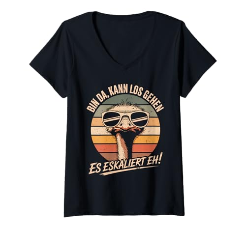 Damen Bin Da Kann Los Gehen Es Eskaliert Eh Vogelstauss Party T-Shirt mit V-Ausschnitt Damen Bin Da Kann Los Gehen Es Eskaliert Eh Vogelstauss Party T-Shirt mit V-Ausschnitt von Lustige Party Sprüche Vintage Retro Feier Humor