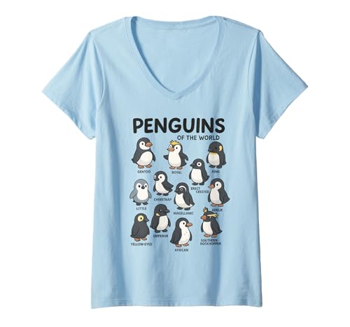Damen Penguins Of The World T-Shirt mit V-Ausschnitt Damen Penguins Of The World T-Shirt mit V-Ausschnitt von Lustige Penguin Geschenke Pinguins Kostüm