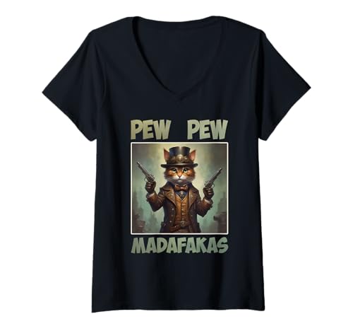 Damen Pew Pew Madafakas Steampunk Katze Pew Pew Madafakas T-Shirt mit V-Ausschnitt von Lustige Pew Pew Madafakas Design Geschenkideen