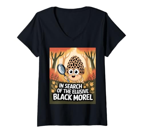 Damen Auf Der Suche Nach Der Seltenen Schwarzen Morchel T-Shirt mit V-Ausschnitt von Lustige Pilzsuche Abenteuer Illustration