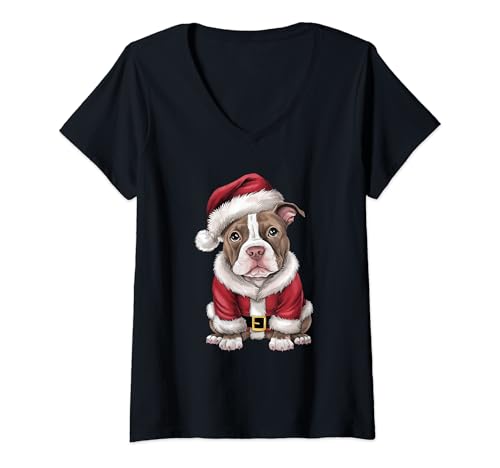 Damen Pitbull Hund Weihnachtsmann Weihnachten Lustiger T-Shirt mit V-Ausschnitt Damen Pitbull Hund Weihnachtsmann Weihnachten Lustiger T-Shirt mit V-Ausschnitt von Lustige Pitbull-Hundeliebhaber