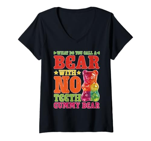 Damen What Do You Call A Bear with No Teeth Gummy Bear T-Shirt mit V-Ausschnitt Damen What Do You Call A Bear with No Teeth Gummy Bear T-Shirt mit V-Ausschnitt von Lustige Punliebhaber zentral