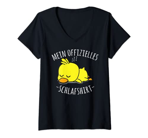 Damen Offizielles Nachthemd, Niedlicher Faule Ente Spruch T-Shirt mit V-Ausschnitt von Lustige Pyjama Schlafanzug Chillen Sprüche Design