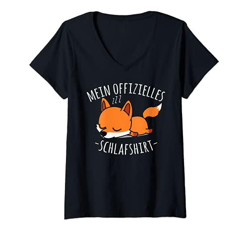 Damen Offizielles Nachthemd, Niedlicher Fauler Fuchs Spruch T-Shirt mit V-Ausschnitt von Lustige Pyjama Schlafanzug Chillen Sprüche Design