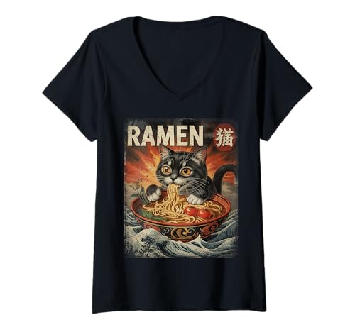 Damen Lustige Japanische Anime Kawaii Katze isst Ramen Nudeln T-Shirt mit V-Ausschnitt Damen Lustige Japanische Anime Kawaii Katze isst Ramen Nudeln T-Shirt mit V-Ausschnitt von Lustige Ramen Sprüche & Japanische Retro Geschenke