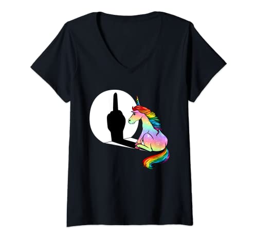 Damen Einhorn Pulli Schatten Einhorn Mittelfinger Einhorn T-Shirt mit V-Ausschnitt Damen Einhorn Pulli Schatten Einhorn Mittelfinger Einhorn T-Shirt mit V-Ausschnitt von Lustige Regenbogen Einhorn Mädchen Pulli