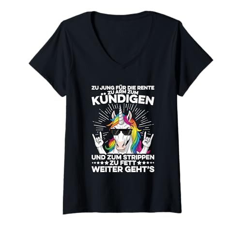 Damen Zu Jung Für Die Rente Zu Arm Kündigen Cool Einhorn Arbeit T-Shirt mit V-Ausschnitt Damen Zu Jung Für Die Rente Zu Arm Kündigen Cool Einhorn Arbeit T-Shirt mit V-Ausschnitt von Lustige Renten Sprüche Kleidung Für Arbeiter