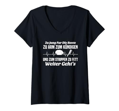 Damen Zu Jung Für Die Rente Zu Arm Zum Kündigen Koch Herzschlag T-Shirt mit V-Ausschnitt Damen Zu Jung Für Die Rente Zu Arm Zum Kündigen Koch Herzschlag T-Shirt mit V-Ausschnitt von Lustige Renten Sprüche Kleidung Für Arbeiter