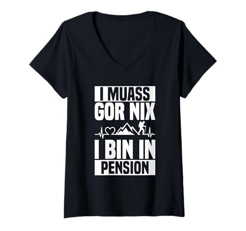 Damen I Muass Goar Nix I Bin In Pension Rentner Berge Herzschlag T-Shirt mit V-Ausschnitt Damen I Muass Goar Nix I Bin In Pension Rentner Berge Herzschlag T-Shirt mit V-Ausschnitt von Lustige Renten Sprüche Kleidung Für Rentner
