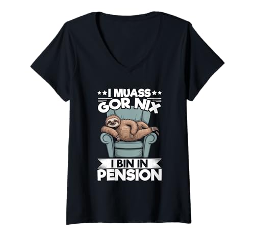 Damen I Muass Goar Nix I Bin In Pension Rentner Faultier Chill T-Shirt mit V-Ausschnitt Damen I Muass Goar Nix I Bin In Pension Rentner Faultier Chill T-Shirt mit V-Ausschnitt von Lustige Renten Sprüche Kleidung Für Rentner
