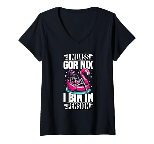 Damen I Muass Goar Nix I Bin In Pension Rentner Flamingo Chill T-Shirt mit V-Ausschnitt Damen I Muass Goar Nix I Bin In Pension Rentner Flamingo Chill T-Shirt mit V-Ausschnitt von Lustige Renten Sprüche Kleidung Für Rentner