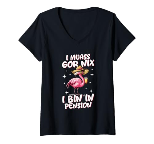 Damen I Muass Goar Nix I Bin In Pension Rentner Flamingo Frei T-Shirt mit V-Ausschnitt Damen I Muass Goar Nix I Bin In Pension Rentner Flamingo Frei T-Shirt mit V-Ausschnitt von Lustige Renten Sprüche Kleidung Für Rentner