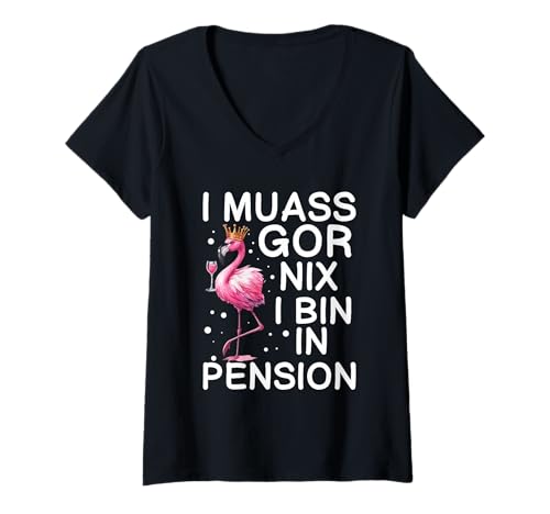 Damen I Muass Goar Nix I Bin In Pension Rentner Flamingo König T-Shirt mit V-Ausschnitt Damen I Muass Goar Nix I Bin In Pension Rentner Flamingo König T-Shirt mit V-Ausschnitt von Lustige Renten Sprüche Kleidung Für Rentner