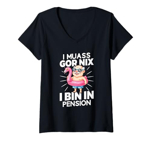 Damen I Muass Goar Nix I Bin In Pension Rentner Flamingo Opa T-Shirt mit V-Ausschnitt von Lustige Renten Sprüche Kleidung Für Rentner