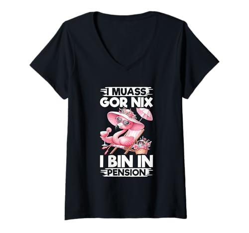 Damen I Muass Goar Nix I Bin In Pension Rentner Flamingo Party T-Shirt mit V-Ausschnitt Damen I Muass Goar Nix I Bin In Pension Rentner Flamingo Party T-Shirt mit V-Ausschnitt von Lustige Renten Sprüche Kleidung Für Rentner