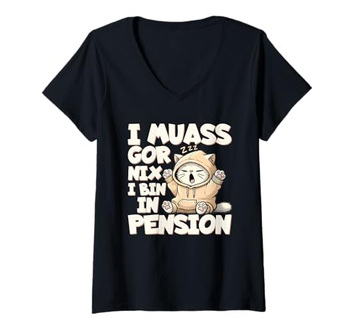 Damen I Muass Goar Nix I Bin In Pension Rentner Katze Faul T-Shirt mit V-Ausschnitt Damen I Muass Goar Nix I Bin In Pension Rentner Katze Faul T-Shirt mit V-Ausschnitt von Lustige Renten Sprüche Kleidung Für Rentner