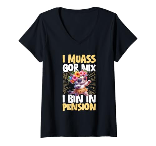 Damen I Muass Goar Nix I Bin In Pension Rentner Katze Party Spruch T-Shirt mit V-Ausschnitt Damen I Muass Goar Nix I Bin In Pension Rentner Katze Party Spruch T-Shirt mit V-Ausschnitt von Lustige Renten Sprüche Kleidung Für Rentner