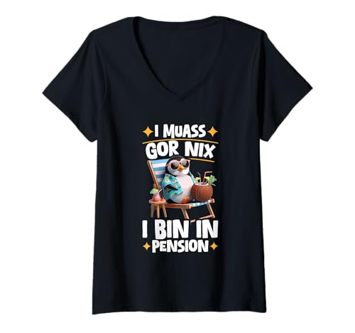 Damen I Muass Goar Nix I Bin In Pension Rentner Pinguin Lustig T-Shirt mit V-Ausschnitt von Lustige Renten Sprüche Kleidung Für Rentner