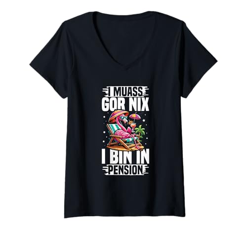 Damen I Muass Goar Nix I Bin In Pension Rentner Relax Flamingo T-Shirt mit V-Ausschnitt Damen I Muass Goar Nix I Bin In Pension Rentner Relax Flamingo T-Shirt mit V-Ausschnitt von Lustige Renten Sprüche Kleidung Für Rentner