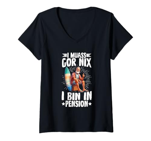 Damen I Muass Goar Nix I Bin In Pension Rentner Surfer Chill T-Shirt mit V-Ausschnitt Damen I Muass Goar Nix I Bin In Pension Rentner Surfer Chill T-Shirt mit V-Ausschnitt von Lustige Renten Sprüche Kleidung Für Rentner