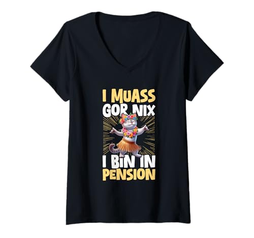 Damen I Muass Goar Nix I Bin In Pension Rentner Urlaub Katze T-Shirt mit V-Ausschnitt Damen I Muass Goar Nix I Bin In Pension Rentner Urlaub Katze T-Shirt mit V-Ausschnitt von Lustige Renten Sprüche Kleidung Für Rentner