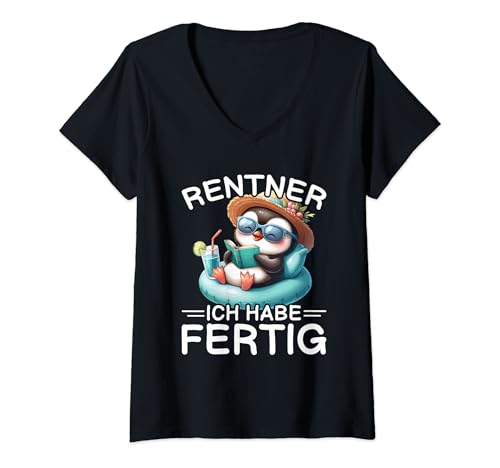 Damen Rentner Ich Habe Fertig Ruhestand Rente Pinguin Pension T-Shirt mit V-Ausschnitt von Lustige Renten Sprüche Kleidung