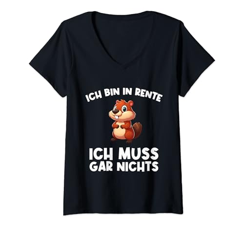 Damen Ich Bin In Rente Ich Muss Gar Nichts Rentner Eichhörnchen T-Shirt mit V-Ausschnitt von Lustige Rentner Eichhörnchen Spruch Geschenk