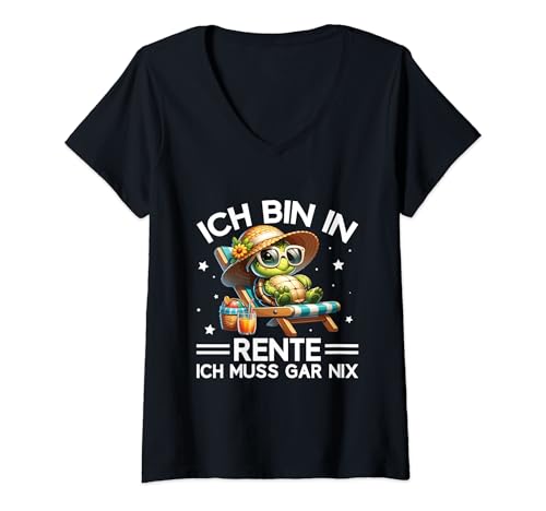 Damen Ich Bin In Rente Ich Muss Gar Nix Rentner Cool Schildkröte T-Shirt mit V-Ausschnitt von Lustige Rentnersprüche Für Den Ruhestand