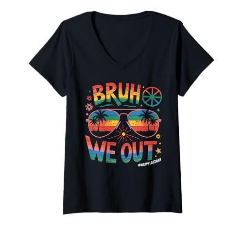 Damen Bruh We Out Bruh WE Out #HAPPYLASTDAY Retro Sonnenbrille T-Shirt mit V-Ausschnitt von Lustige Retro Strand Sonnenbrille Graduation