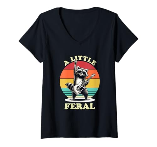 Damen Kleine Wilde Waschbär Retro -Gitarrenkinder T-Shirt mit V-Ausschnitt Damen Kleine Wilde Waschbär Retro -Gitarrenkinder T-Shirt mit V-Ausschnitt von Lustige Retro wilde Waschbärkleidung