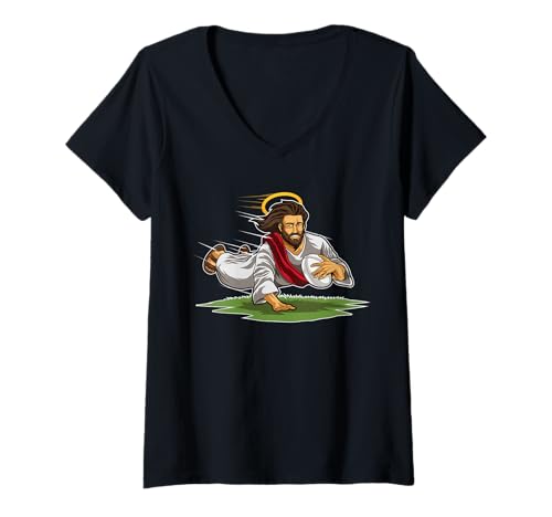 Damen Rugby Jesus Dots Lustige Rugby-Illustration T-Shirt mit V-Ausschnitt Damen Rugby Jesus Dots Lustige Rugby-Illustration T-Shirt mit V-Ausschnitt von Lustige Rugby Outfits by Rugger Wear